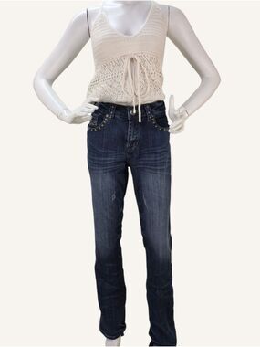 Cowgirl Tuff Co. Silver Mustang Dark Wash Studded Distressed Bootcut Jeans 30x35